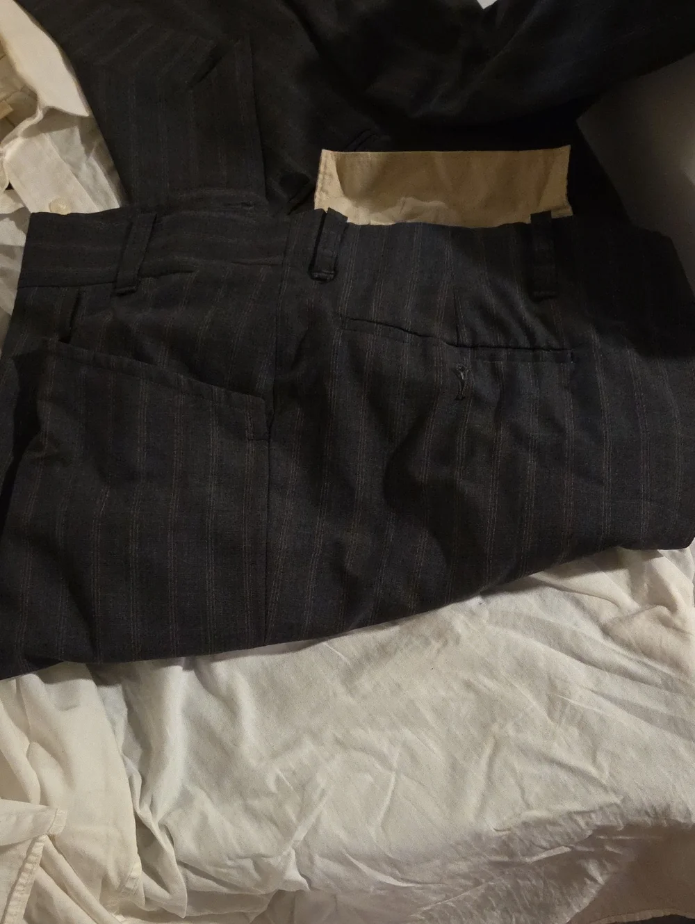 Men's Dark Charcoal Pinstripe Blazer Matching Pants and White Dress Shirt